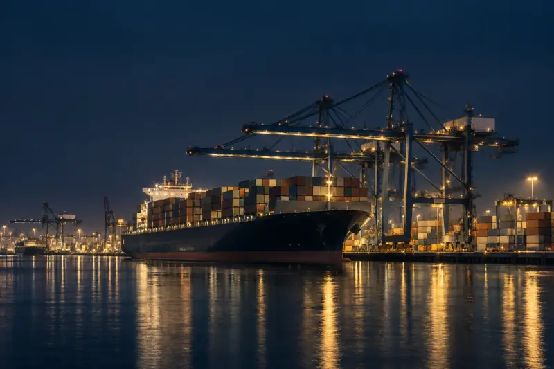 Illustrative nighttime view of a container ship and cranes at an international port